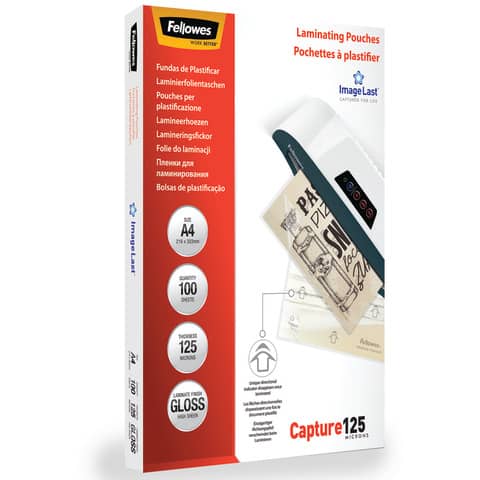 Pouches per plastificatrici Fellowes ImageLast Capture125 finitura lucida – 2×125 µm – A4 – Conf. 100 pezzi 5307407