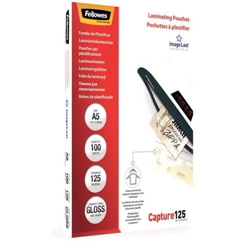 Pouches per plastificatrici Fellowes ImageLast Capture125 finitura lucida – 2×125 µm – A5 – Conf. 100 pezzi  5307302