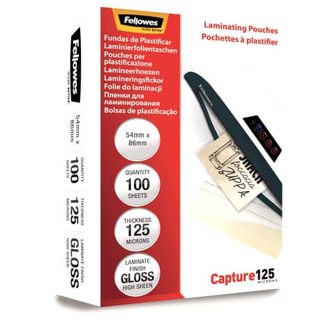 Pouches per plastificatrici Fellowes Standard Capture125 finitura lucida – 2×125 µm 54×86 mm Conf. 100 pz – 5306302
