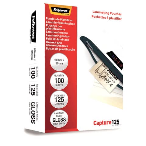 Pouches per plastificatrici Fellowes Standard Capture125 finitura lucida – 2×125 µm 60×90 mm Conf. 100 pz – 5397402
