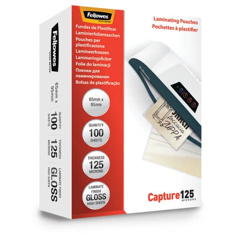 Pouches per plastificatrici Fellowes Standard Capture125 finitura lucida – 2×125 µm 65×95 mm Conf. 100 pz – 5306702