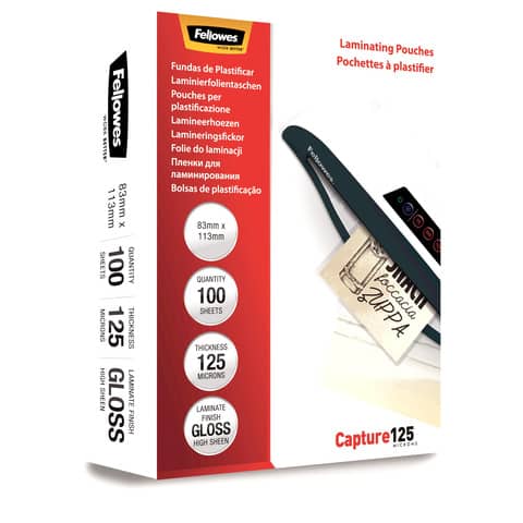 Pouches per plastificatrici Fellowes Standard Capture125 finitura lucida – 2×125 µm 83×113 mm Conf. 100 pz 5307101