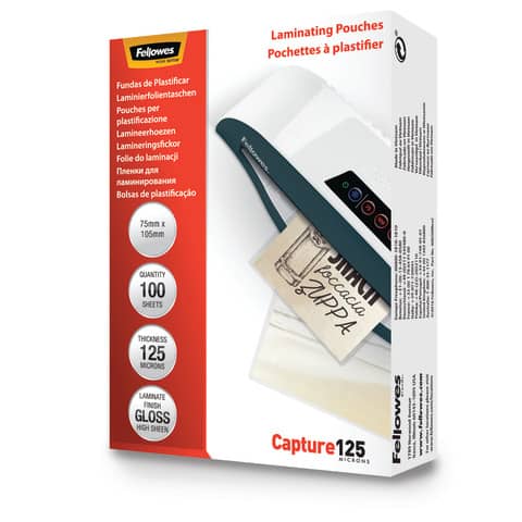 Pouches per plastificatrici Fellowes Standard Capture125 finitura lucida – 2×125 µm 75×105 mm Conf. 100 pz 5306901