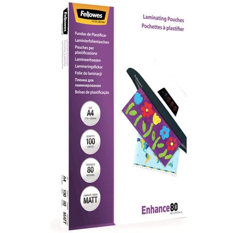 Pouches per plastificatrici Fellowes Standard Enhance80 finitura opaca – 2×80 µm – A4 – Conf. 100 pezzi – 5452103