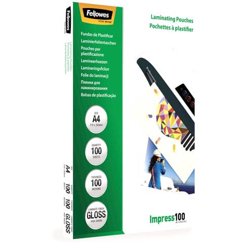 Pouches per plastificatrici Fellowes Standard Impress100 finitura lucida – 2×100 µm – A4 – Conf. 100 pezzi 5351111