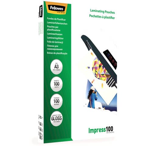 Pouches per plastificatrici Fellowes Standard Impress100 finitura lucida – 2×100 µm – A3 – Conf. 100 pezzi 5351205