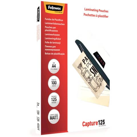Pouches per plastificatrici Fellowes Standard Capture125 finitura opaca – 2×125 µm – A4 – Conf. 100 pezzi 5328502