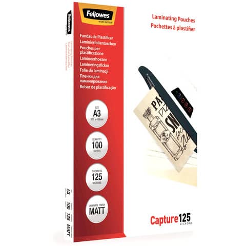 Pouches per plastificatrici Fellowes Standard Capture125 finitura opaca – 2×125 µm – A3 – Conf. 100 pezzi 5328601