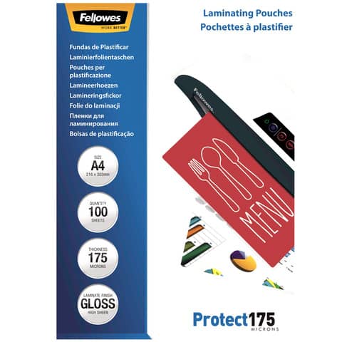Pouches per plastificatrici Fellowes Standard Protect175 finitura lucida – 2×175 µm – A4 – Conf. 100 pezzi 5308703