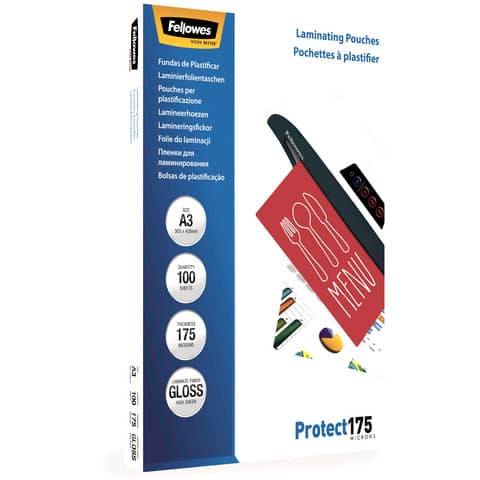 Pouches per plastificatrici Fellowes Standard Protect175 finitura lucida – 2×175 µm – A3 – Conf. 100 pezzi 5308803
