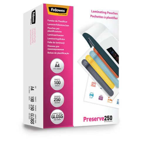 Pouches per plastificatrici Fellowes Standard Preserve250 finitura lucida – 2×250 µm – A4 – Conf. 100 pezzi 5401802