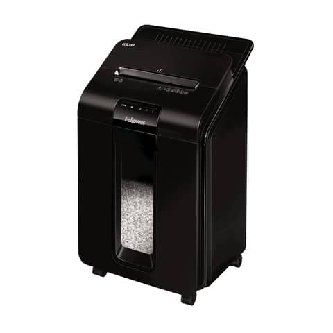Distruggidocumenti uso moderato FELLOWES AutoMax™ 100M – P-4 – 23 L – taglio a miniframmenti 4x10mm – nero – 4629201