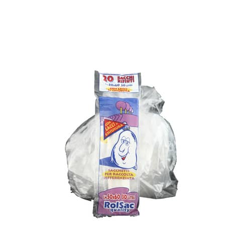 Sacchi immondizia per rifiuti inorganici Rolsac 27 L 50×60 cm – 16 µm trasparente – rotolo da 20 pezzi – 10064
