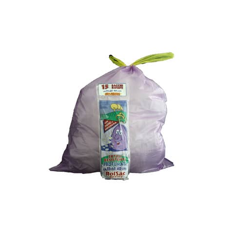 Sacchi immondizia profumati per rifiuti inorganici Rolsac 44 L 55×65 cm – 18 µm viola – rotolo da 15 pezzi – 10050