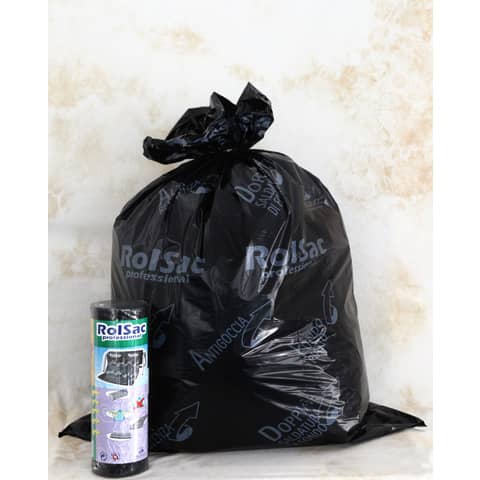 Sacchi immondizia per rifiuti inorganici Rolsac 156 L 85×120 cm – 55 µm nero – rotolo da 20 pezzi – 10087
