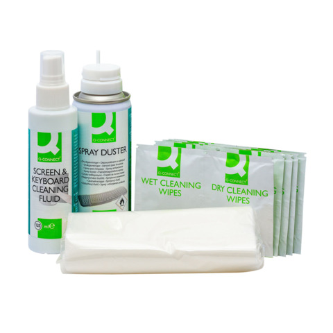 Kit pulizia pc Q-Connect aria compressa, liquido detergente e salviette KF32155