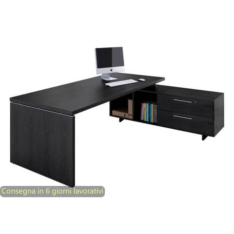 Scrivania manageriale nero venato frassino 225x170x74 cm gamba a pannello con mobile portante Flora – 902RIT/8