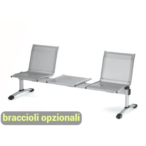 Panca 2 posti attesa Unisit Plexus PS2PT con tavolino in acciaio grigio schienale e seduta forati traspiranti – PS2PT