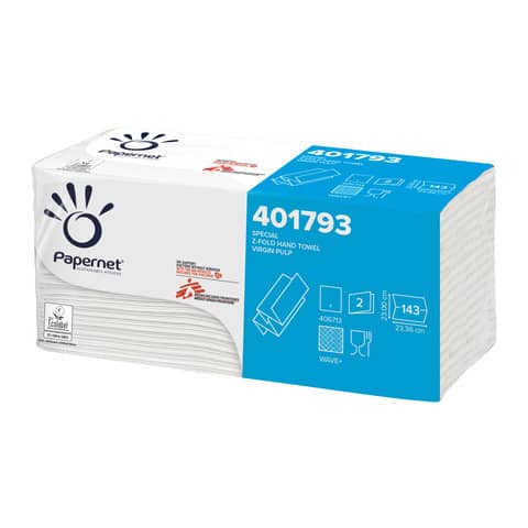 Asciugamani interfogliati piegati a Z Papernet 2 veli – 23×23,5 cm – bianco – fascetta da 143 fogli – 401793