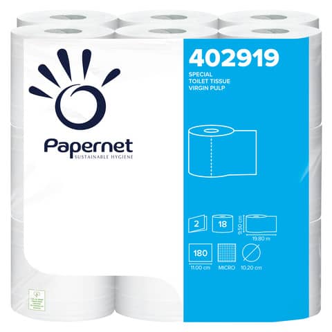 Carta igienica microincollata Papernet 180 strappi – 2 veli Conf. 18 pezzi – 402919