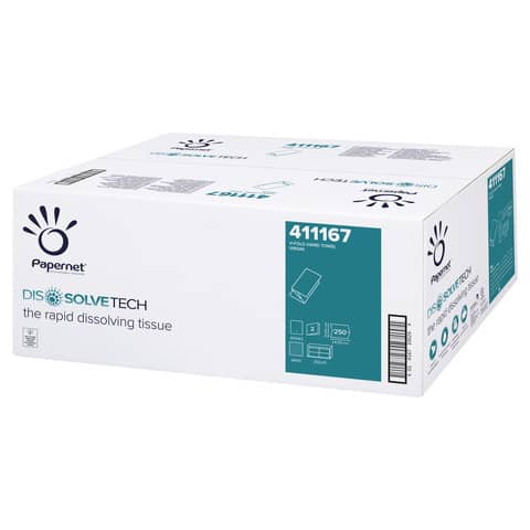 Asciugamani interfogliati piegati a V Papernet Dissolve Tech – 2 veli 24×21 cm Conf. 15 fascette da 250 pezzi – 411167