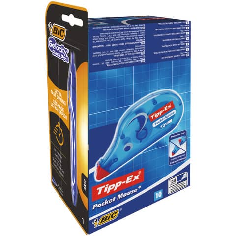 Correttori a nastro TIPP-EX Pocket Mouse 4.2 mm x 10 m Conf. da 10 + Penna Gelocity Quick Dry Blu – 989680