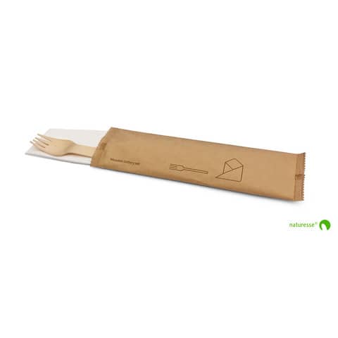 Set posate in legno monouso Scatolificio del Garda forchetta-tovagliolo avana – Conf. 250 pezzi – 20383