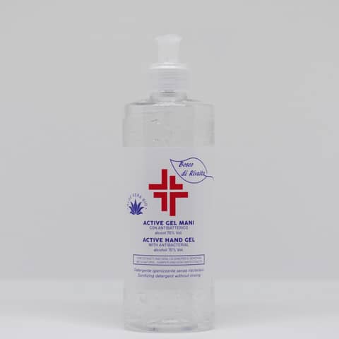 Gel igienizzante mani (alcol 70%) 500 ml con dosatore – Active linea Bosco di Rivalta – profumo di agrumi