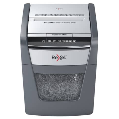 Distruggidocumenti uso personale Rexel Optimum AutoFeed+ 50X EU – P-4 – 20 L – taglio frammenti 4×28 mm nero 2020050XEU