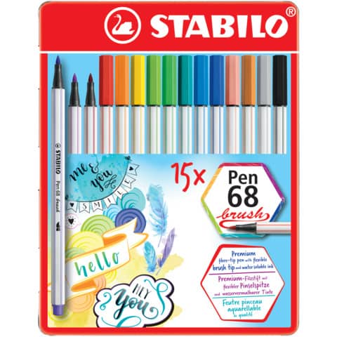 Pennarelli Stabilo Pen 68 brush punta a pennello M 1 mm – assortiti scatola in metallo da 15 pz – 568/15-32