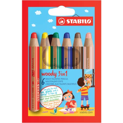 Matite colorate Stabilo Woody 3 in 1 punta larga – colori assortiti astuccio di cartone da 6 pezzi + temperino 8806-2