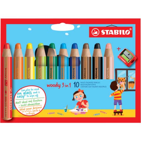 Matite colorate Stabilo Woody 3 in 1 punta larga – colori assortiti astuccio di cartone da 10 pz + temperino 880/10-2
