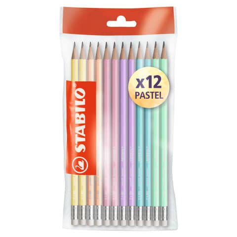 Matite in grafite Stabilo Swano Pastel HB colori fusto assortiti con gommino – ecopack 12 pz  F52269