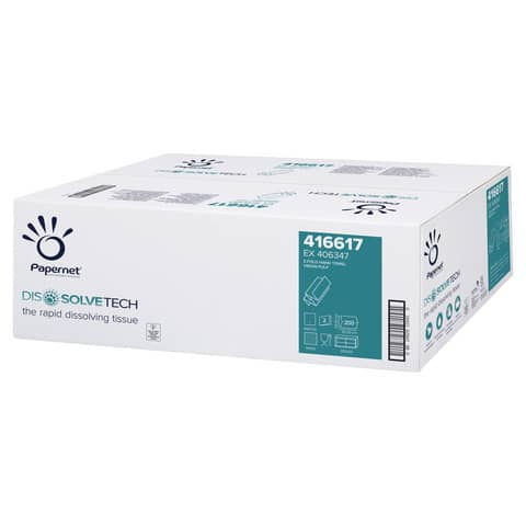 Asciugamani interfogliati piegati a Z Papernet Dissolve Tech – 2 veli 24×20,3 cm Conf. 20 fascette da 200 pz – 416617