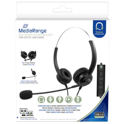 Cuffie stereo per PC Media Range con microfono e filo – USB – nero – MROS304