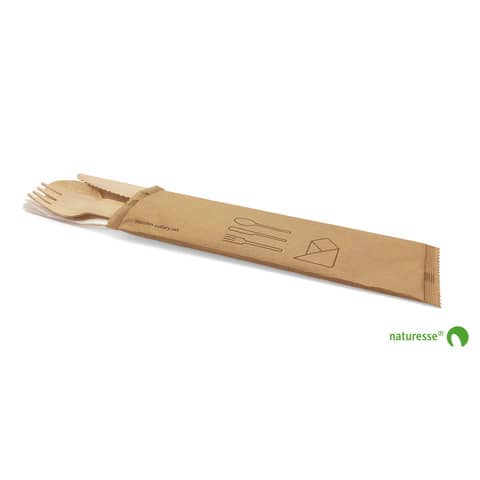 Set posate in legno monouso Scatolificio del Garda forchetta-coltello-cucchiaio tovagliolo avana – Conf. 250 pezzi 20380