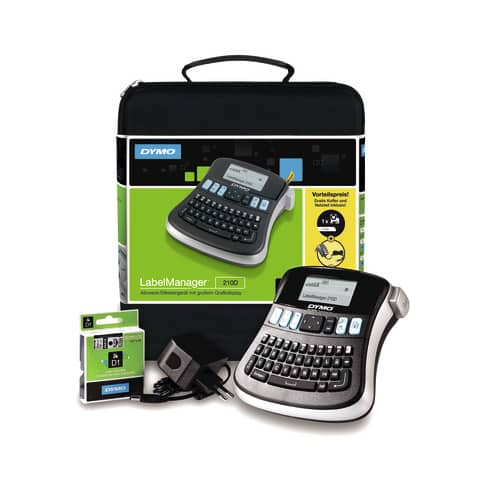 Kit case etichettatrice Dymo Label Manager 210D con alimentatore e 1 nastro D1 12mm x 7m nero e argento – 2094492