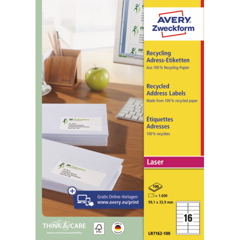 Etichette in carta riciclata bianca per buste e pacchi Avery 99,1×33,9 mm -16 et/foglio – Laser cf. 100 ff LR7162-100