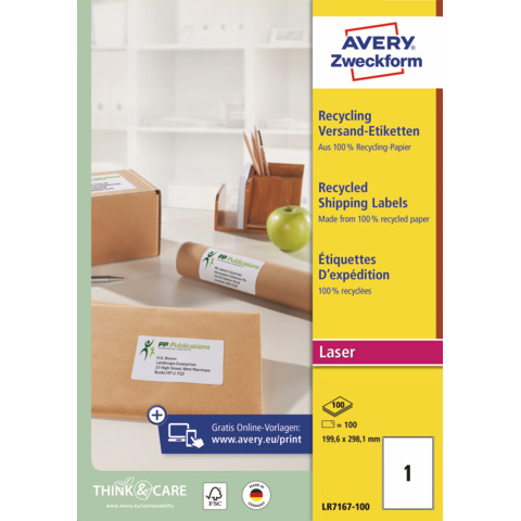 Etichette in carta riciclata bianca per buste e pacchi Avery 199,6×289,1 mm 1 et/foglio – Laser cf. 100 ff LR7167-100