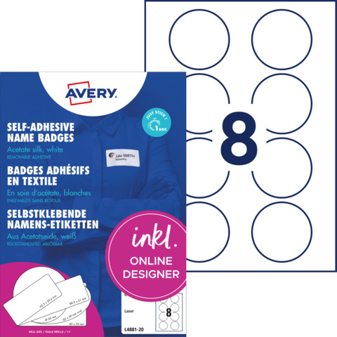 Badge adesivi per tessuti rotondi Avery Ø 65 mm – 8 et/foglio – stampanti laser Conf. 20 fogli – L4881-20