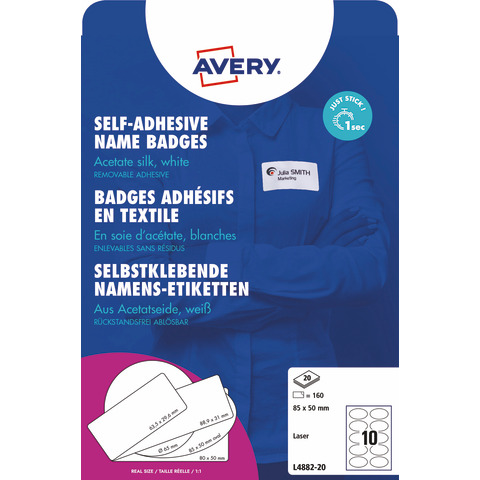 Badge adesivi per tessuti ovali Avery 85×50 mm – 10 et/foglio – stampanti laser – Conf. 20 fogli L4882-20