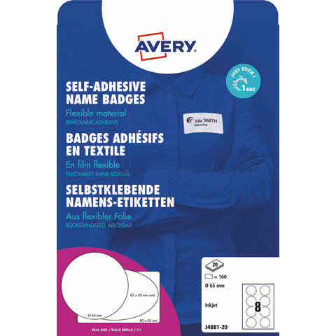 Badge adesivi per tessuti rotondi Avery Ø 65 mm – 8 et/foglio – stampanti inkjet Conf. 20 fogli –  J4881-20
