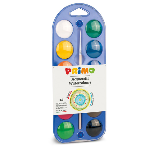 Acquerelli Ø 30 mm Primo – scatola da 12+1 pennello – con coperchio tavolozza assortiti – 107A12A