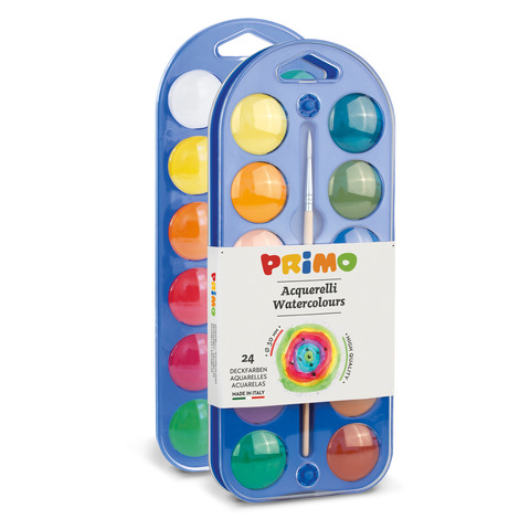 Acquerelli Ø 30 mm Primo – scatola da 24+1 pennello – con coperchio tavolozza assortiti – 108A24A