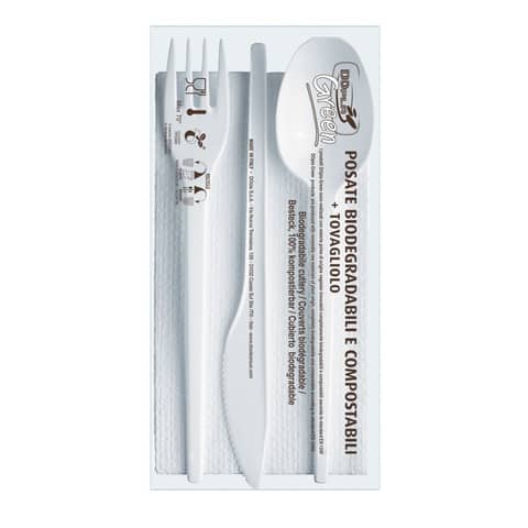 Set forchetta + coltello + cucchiaio + tovagliolo  Dopla Tris ESTABIO – 33×33 cm 2 veli – conf. 100 pz – 3908