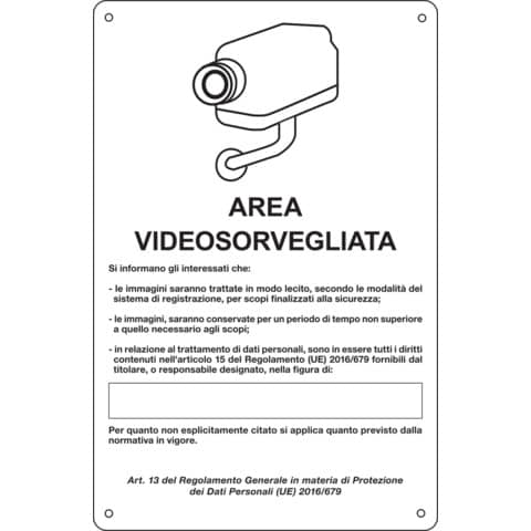 Cartello area video 20×30 cm Immagine bianca Cartelli Segnalatori ”Area sottoposta a videosorveglianza” – 33328