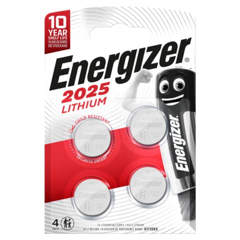 Batterie al litio a bottone Energizer Lithium BP4 3V CR2025 – conf. 4 pz rossa – E300849100