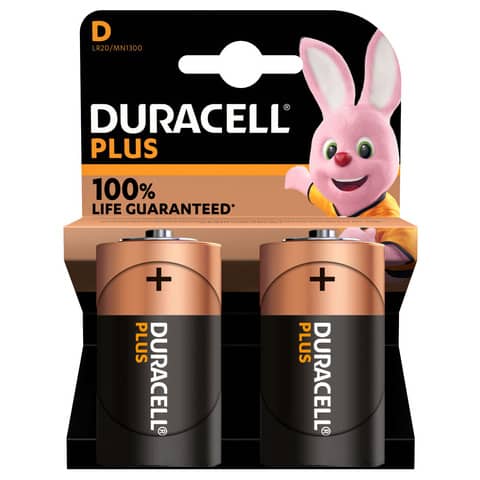 Batteria alcaline Duracell Plus100 Torcia D – MN1300 – blister da 2  – DU0401