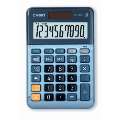 Calcolatrice da tavolo Casio MS-100EM-W-EP – blu – solare e batteria display 10 cifre