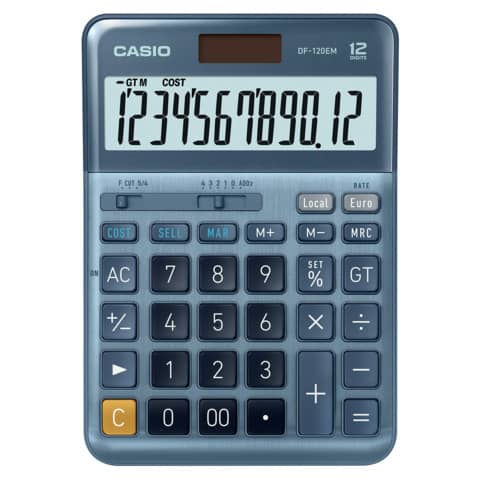 Calcolatrice da tavolo Casio DF-120EM-W-EP – blu – solare e batteria display 12 cifre